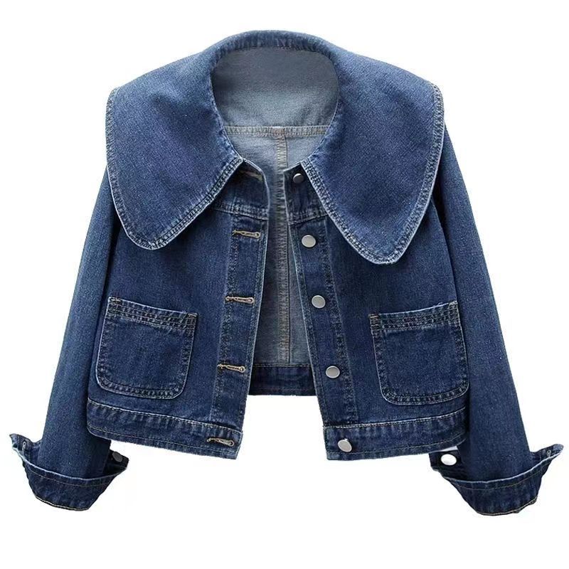 Cappotto in denim corto con colletto Peter Pan retrò da donna, stile vintage, blu chiaro, con tasche frontali e bottoni.