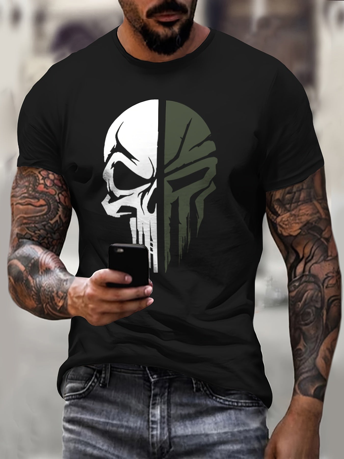Maglietta da uomo Valstrend con motivo skull, manica corta, collo rotondo, tessuto traspirante, stile casual per uscire in città.