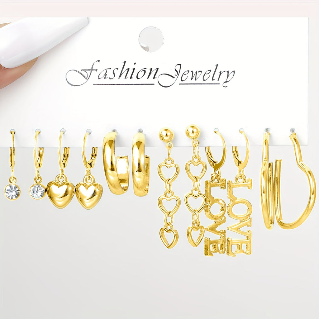 6 Pairs Set Of Hoop Earrings Simple Love Design Zinc Alloy Jewelry Simple Leisure Style For Women Dating Ear Decor Female Gift
