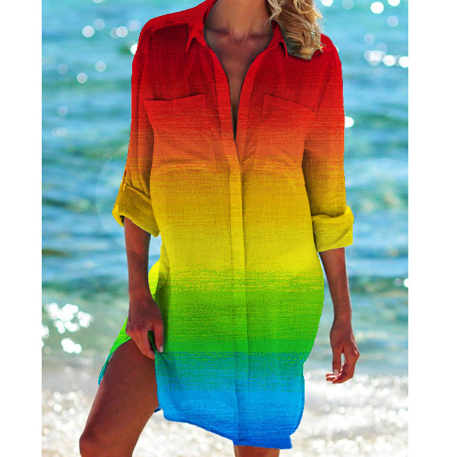 Giacca bikini da donna con stampa da spiaggia, ideale per vacanze, marca Valstrend, mostra dettagli del tessuto e design estivo.