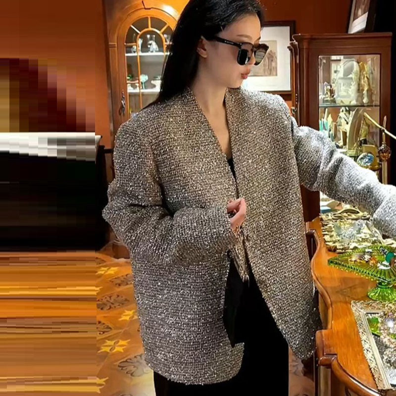 Elegant Silver Classic Style Spring Shiny Silver Blazer