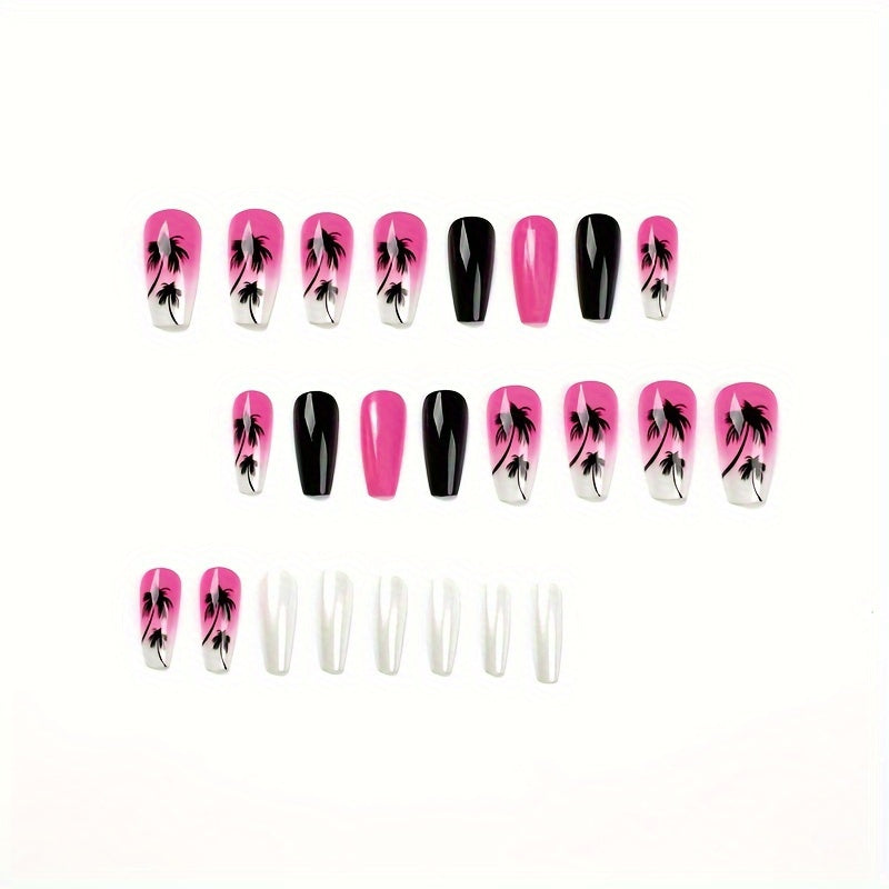 Set di 24 acrilici press-on con finitura lucida, design con sfumature nere e chiare e decorazione con palme, per donne e ragazze.
