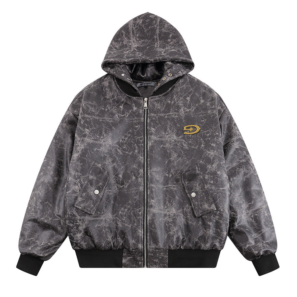 Giacca in pelle da biker Valstrend con effetto tie dye, lavata e usurata, con cappuccio e dettagli in stile casual e alternativo