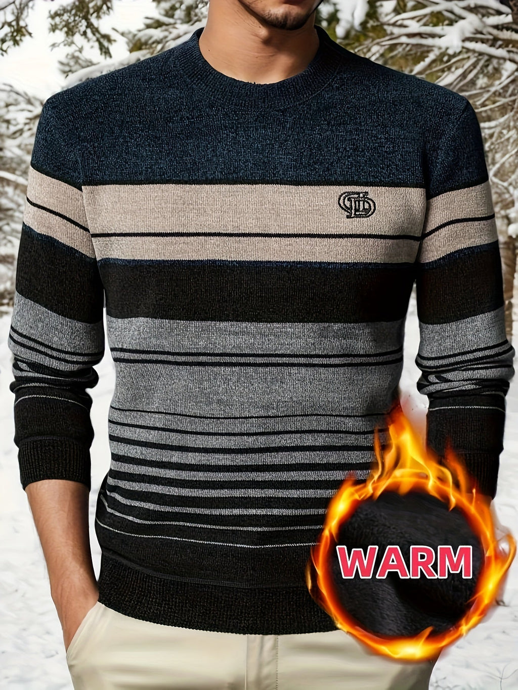 Maglione da uomo a righe Valstrend, in pile caldo con lettere ricamate e design a blocchi di colore per inverno e casual all'aperto.