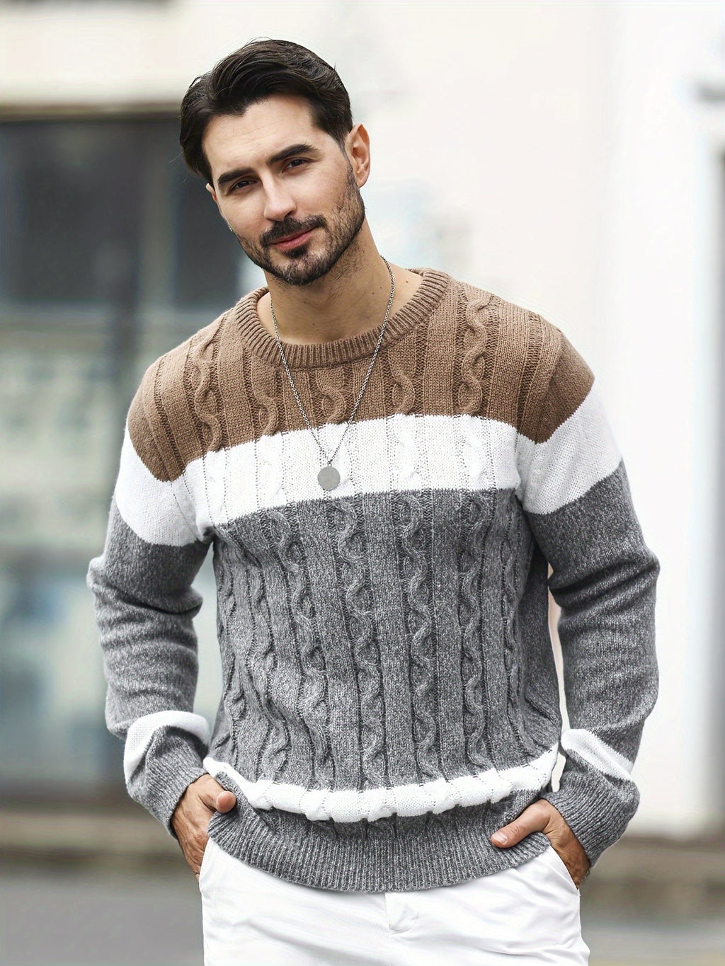 Maglione da uomo Valstrend in maglia a blocchi di colore, girocollo a maniche lunghe, ideale per autunno e inverno.