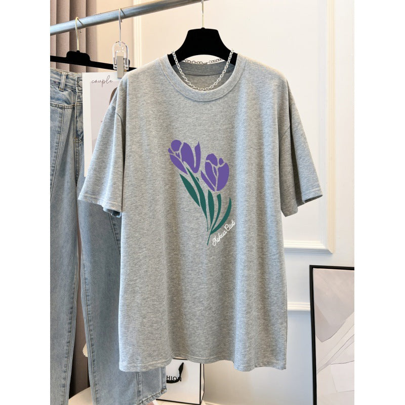 Combed Cotton Printed Summer Clothing Short Sleeve T-shirt Women's Loose Korean Style