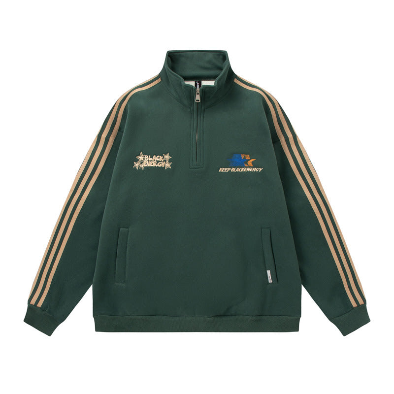 Men's American-style Retro Street Striped With Fleece Lining Half Zipper Jacket