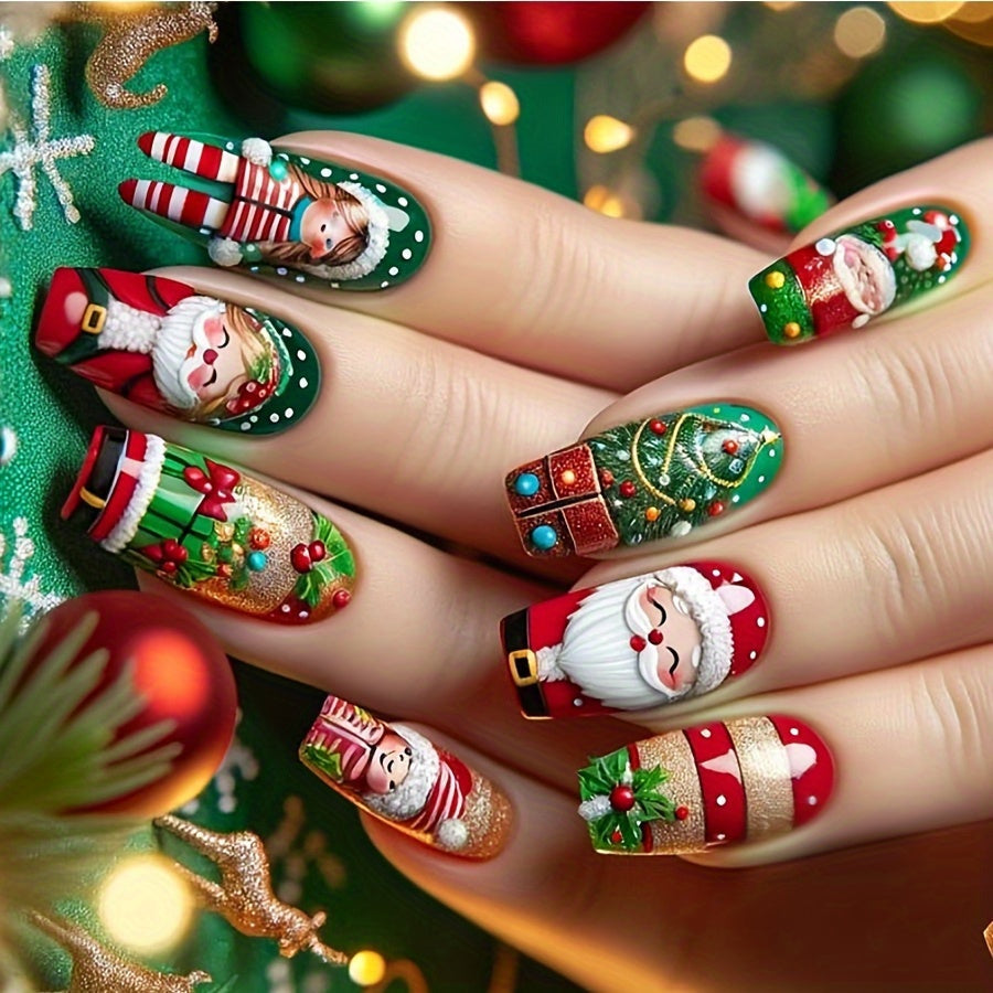 Set di 24 smalti finte di Natale Valstrend con disegni di Babbo Natale e fiocchi di neve, forma quadrata, finitura lucida rossa e verde