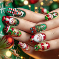 Set di 24 unghie finte natalizie Valstrend con disegni di Babbo Natale e fiocchi di neve, finitura lucida, forma quadrata media.
