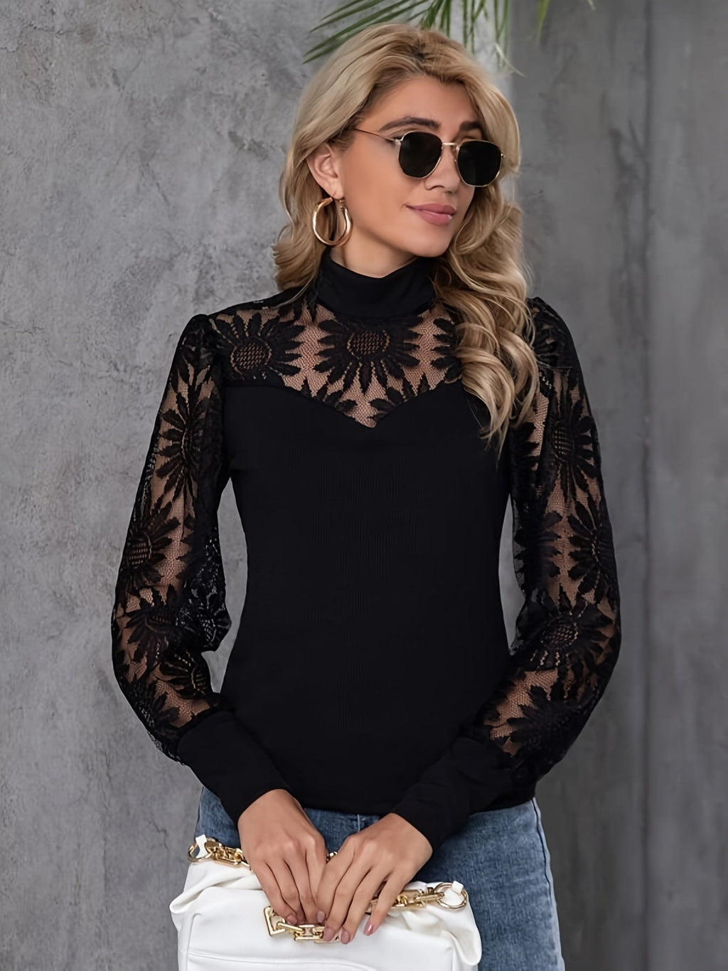 Maglietta donna Valstrend con collo alto in pizzo a contrasto, maniche lunghe eleganti per primavera e autunno