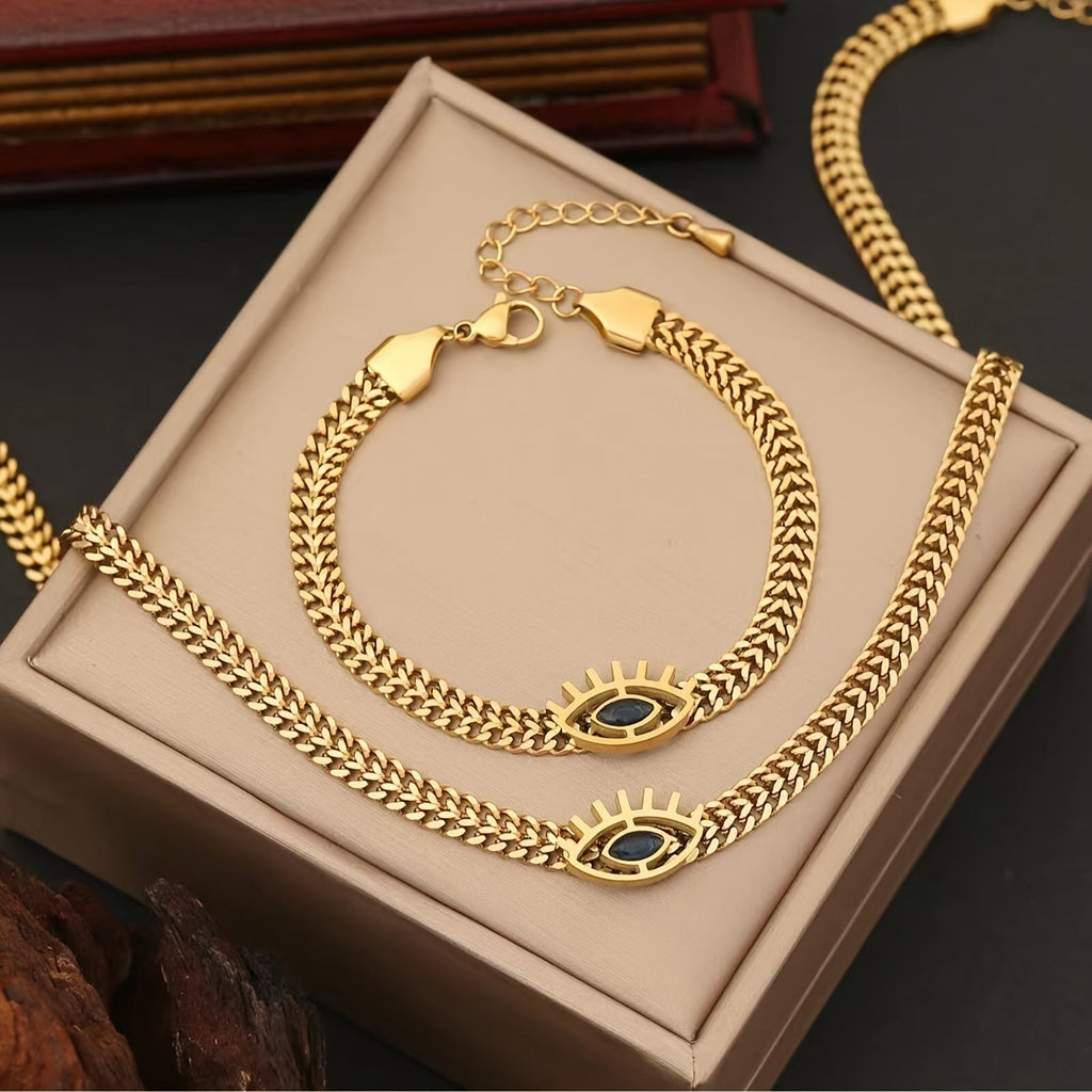 Set di collana e bracciale Valstrend in acciaio inossidabile dorato con occhi vuoti, elegante e alla moda.