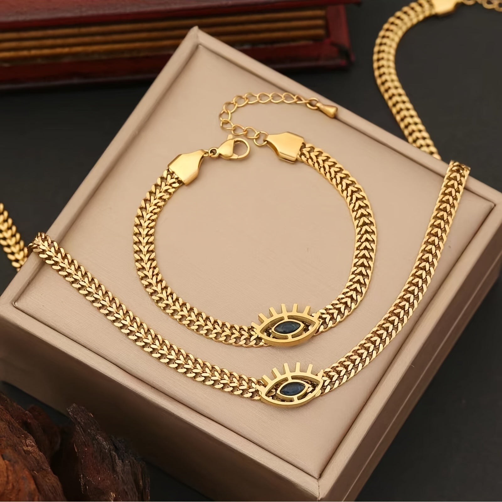 Set di collana e bracciale Valstrend in acciaio inossidabile dorato con occhi vuoti, elegante e alla moda.