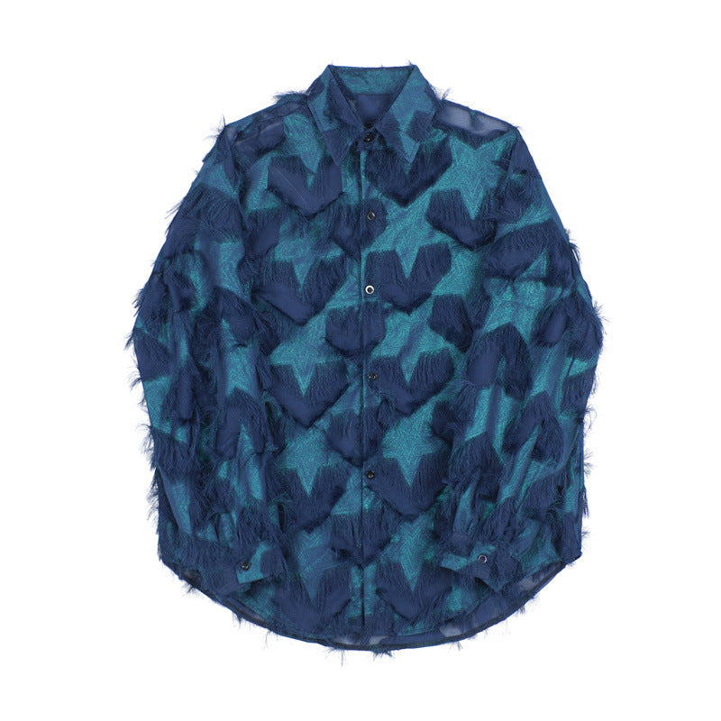 Camicia da uomo Valstrend con cuore a nappe, traforata, stile autunnale, vestibilità morbida e design originale.