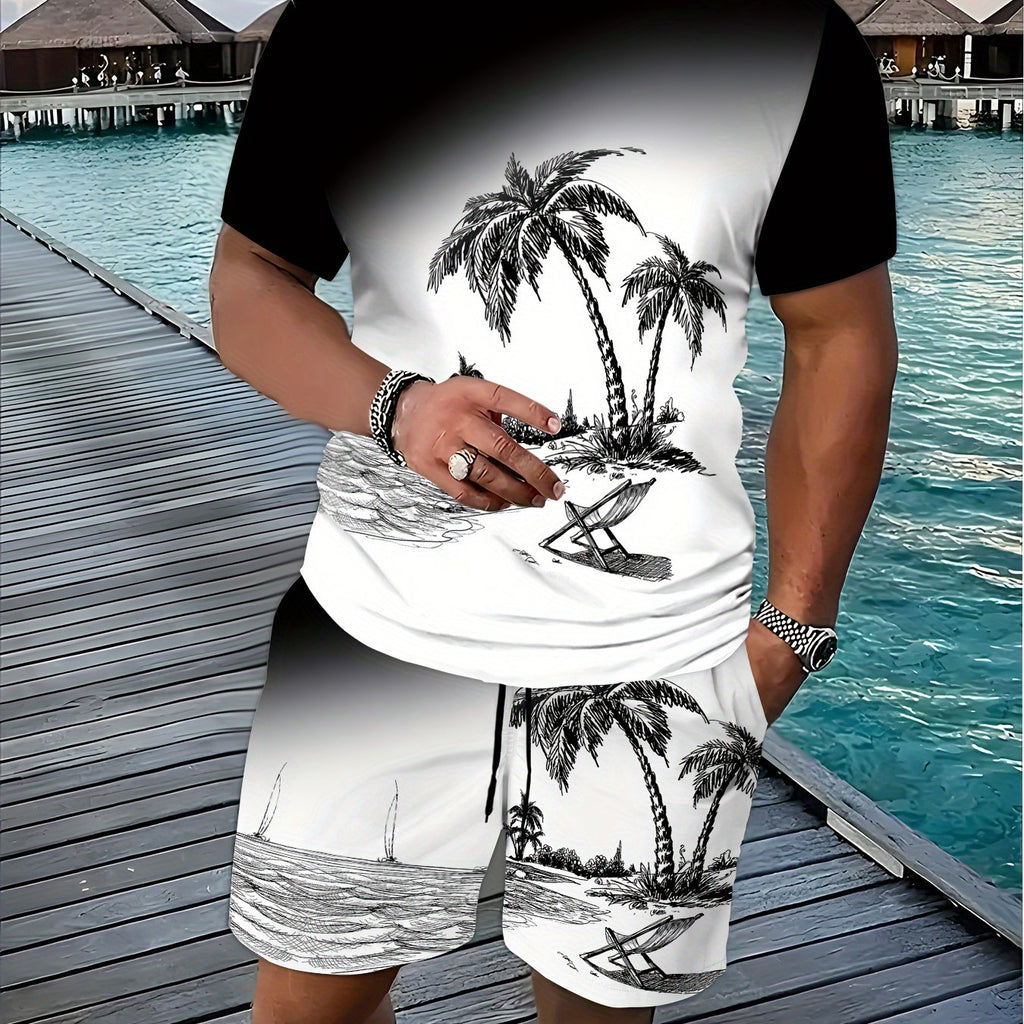 Set da uomo con T-shirt a maniche corte e pantaloncini abbinati con motivo a gradiente e palme di cocco, Valstrend.