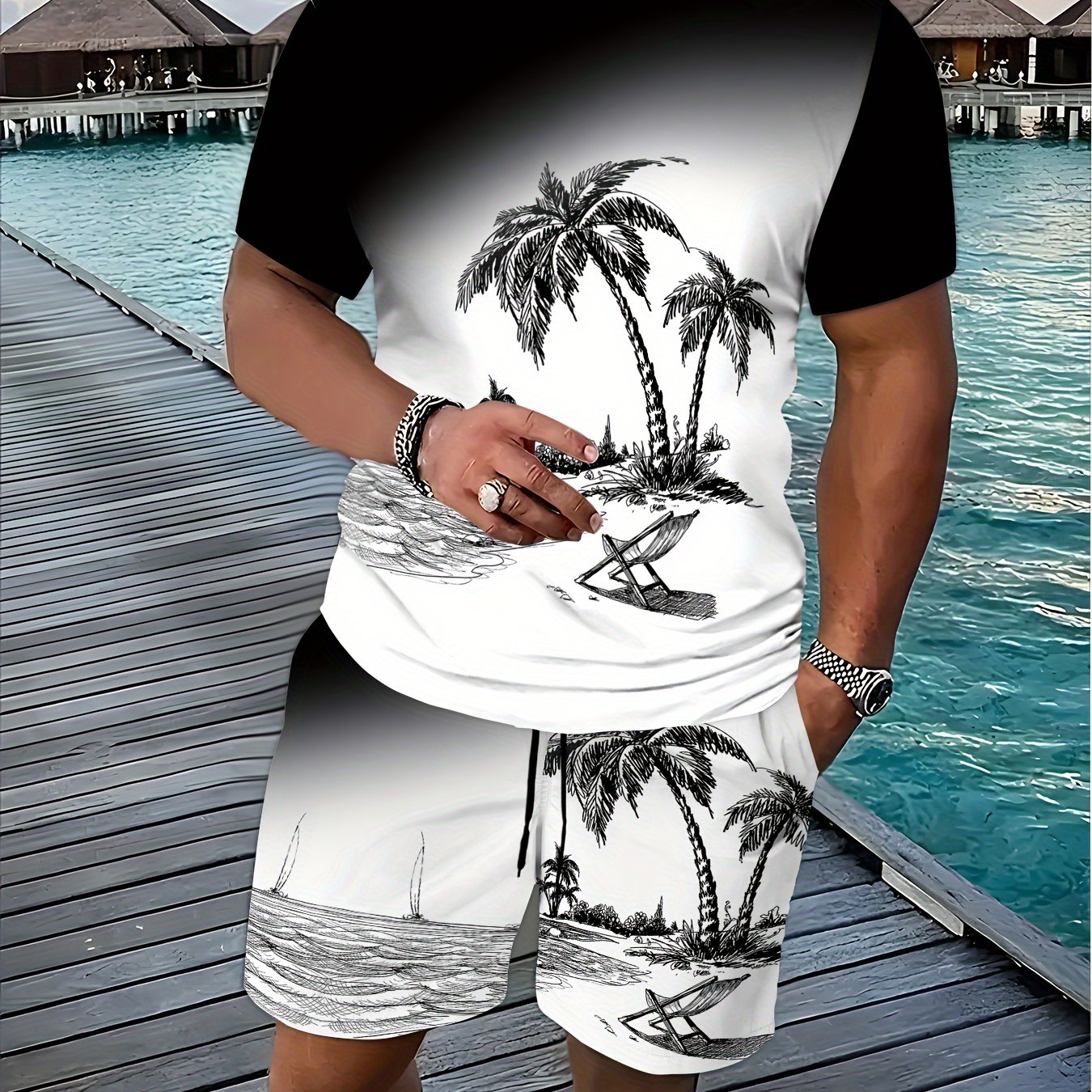 Set da uomo con T-shirt a maniche corte e pantaloncini abbinati con motivo a gradiente e palme di cocco, Valstrend.