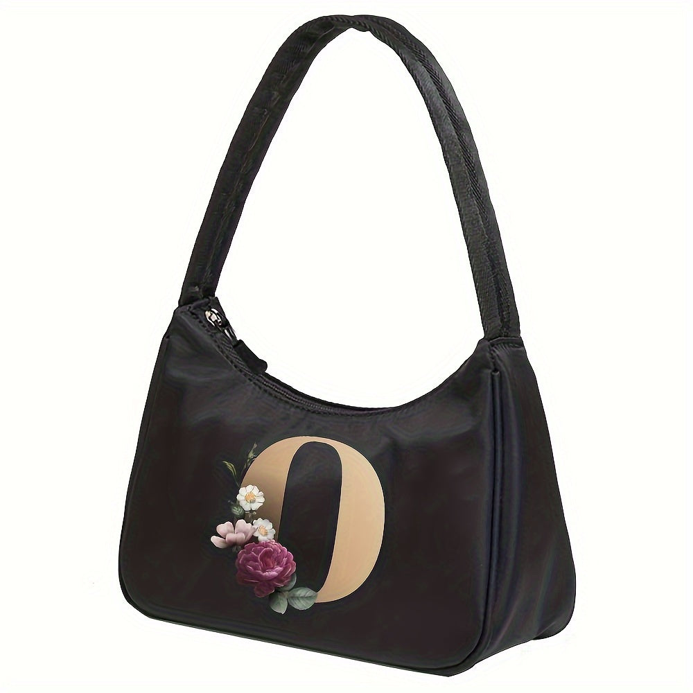 Floral Letter Print Shoulder Bag, Fashion Nylon Underarm Bag, Women's Zipper Handbag & Purse