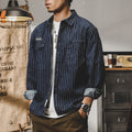 Camicia in denim a righe stile americano da uomo a maniche lunghe Valstrend, dettagli visibili in tessuto blu e bianco.
