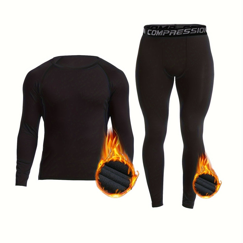 Men's Thermal Underwear Set, Skiing Winter Warm Base Layers, Tight Long Sleeve Round Neck Top & Bottom Pants Set