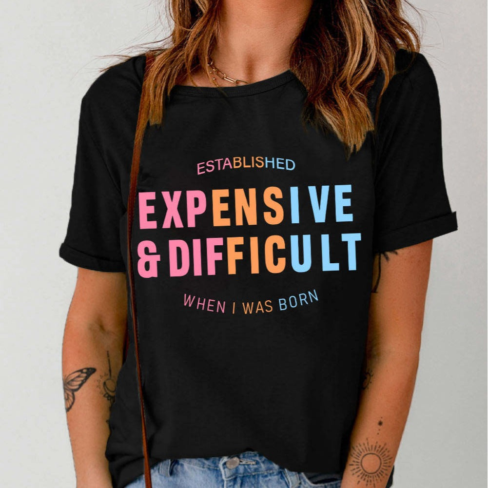 T-shirt donna casual con stampa di lettere, maniche corte e scollo rotondo, marca Valstrend shop, stile semplice e alla moda.