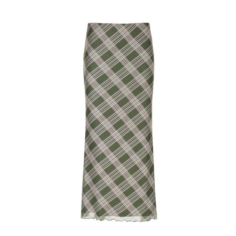 Gonna verde a quadri per ragazza, gonna dritta Valstrend, tessuto in cotone, con motivo a quadri e vita elasticizzata.