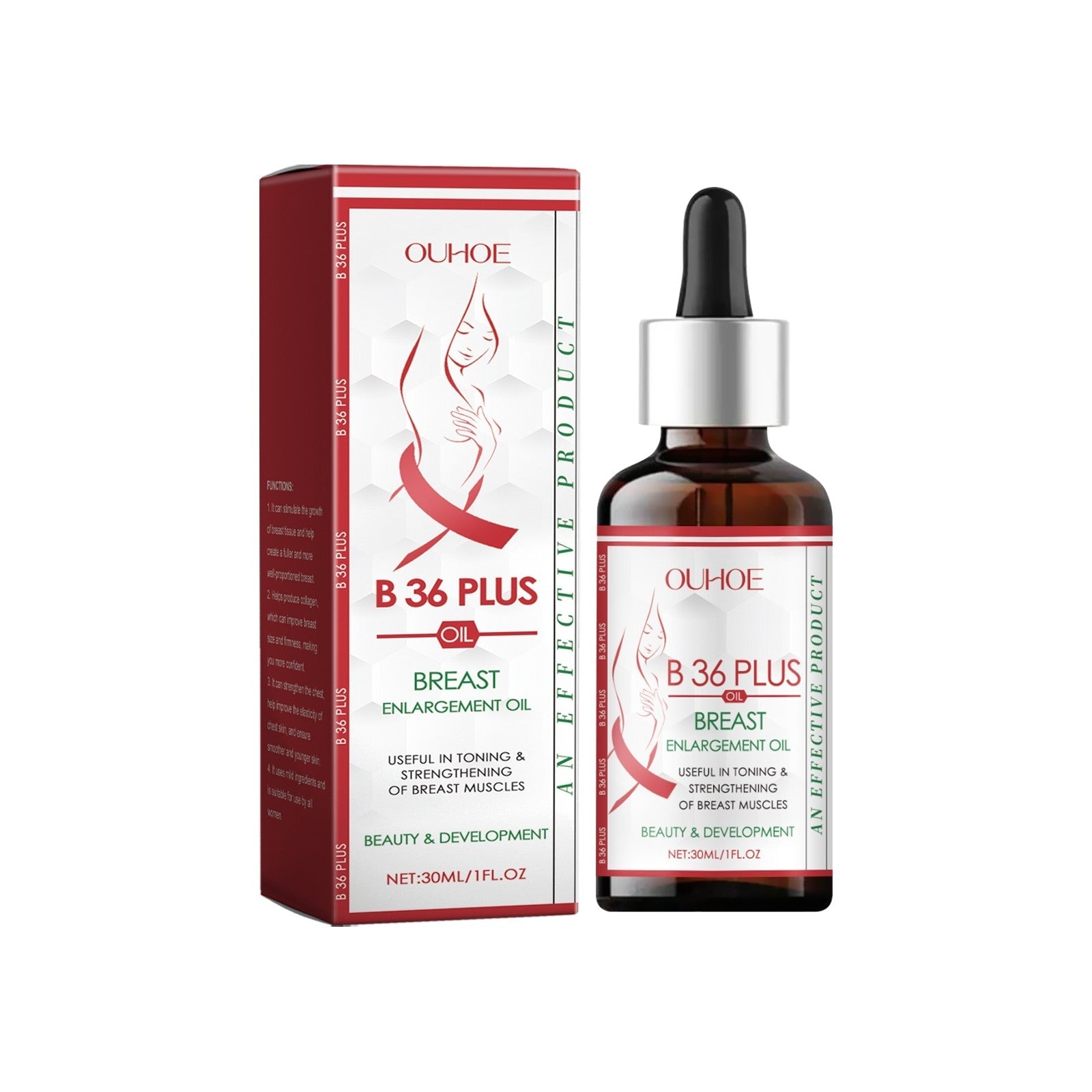 Olio rassodante per il seno femminile, prodotto Valstrend, con bottiglia e applicatore visibili in primo piano.