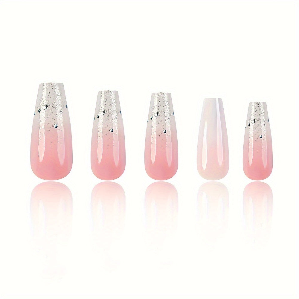 Set di 24 unghie finte ballerina in rosa sfumato con glitter brillante, finitura lucida, per manicure e pedicure eleganti.