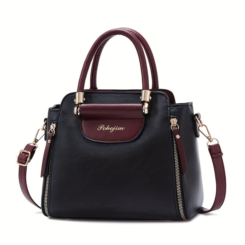 Chic Colorblock Women's Handbag - Spacious Shoulder & Crossbody Bag with Zip Closure, Durable PU Material - Available in White, Red, Black