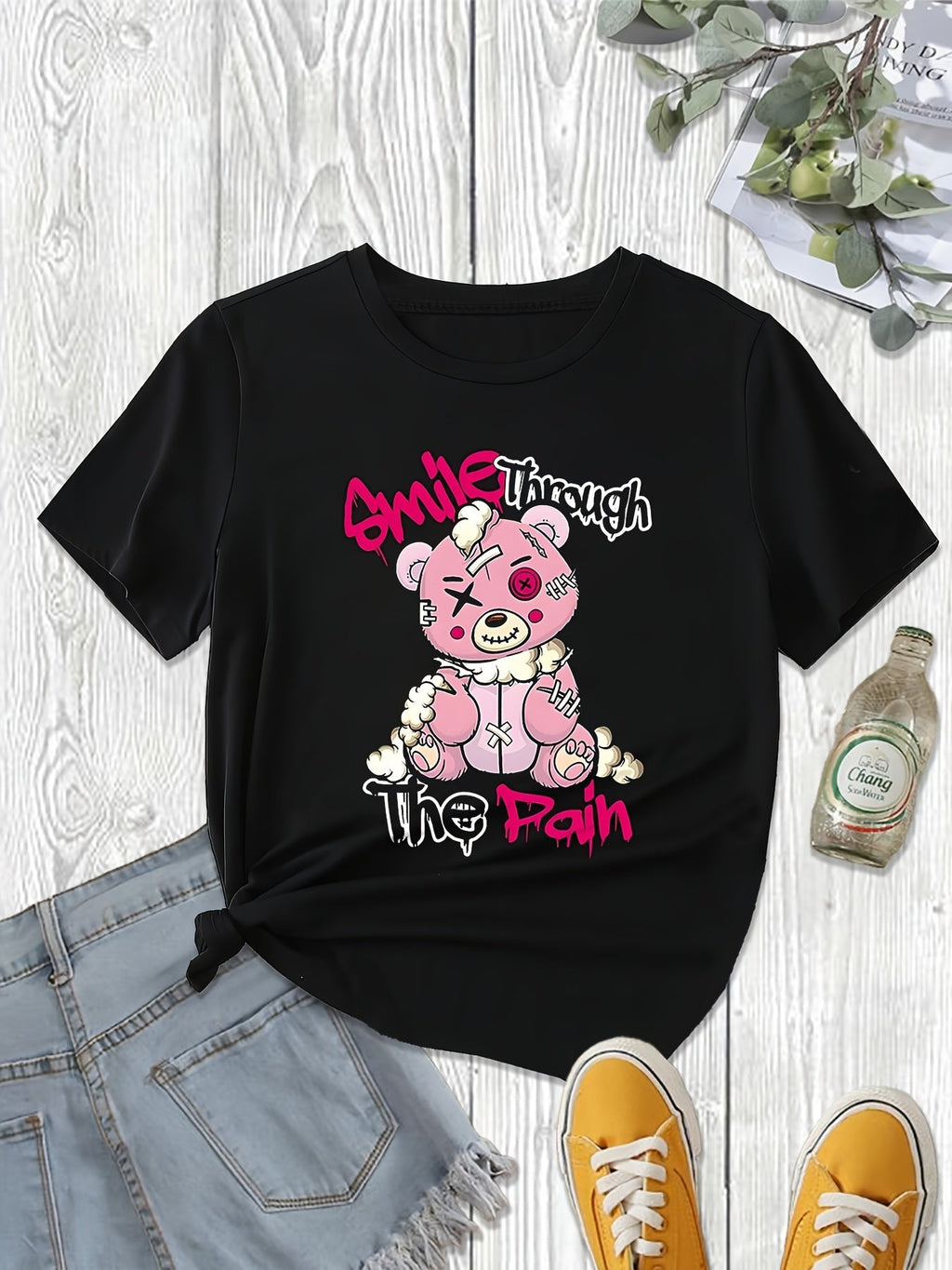 Maglietta donna Valstrend con stampa di lettera e orso, manica corta, casual, ideale per primavera ed estate.