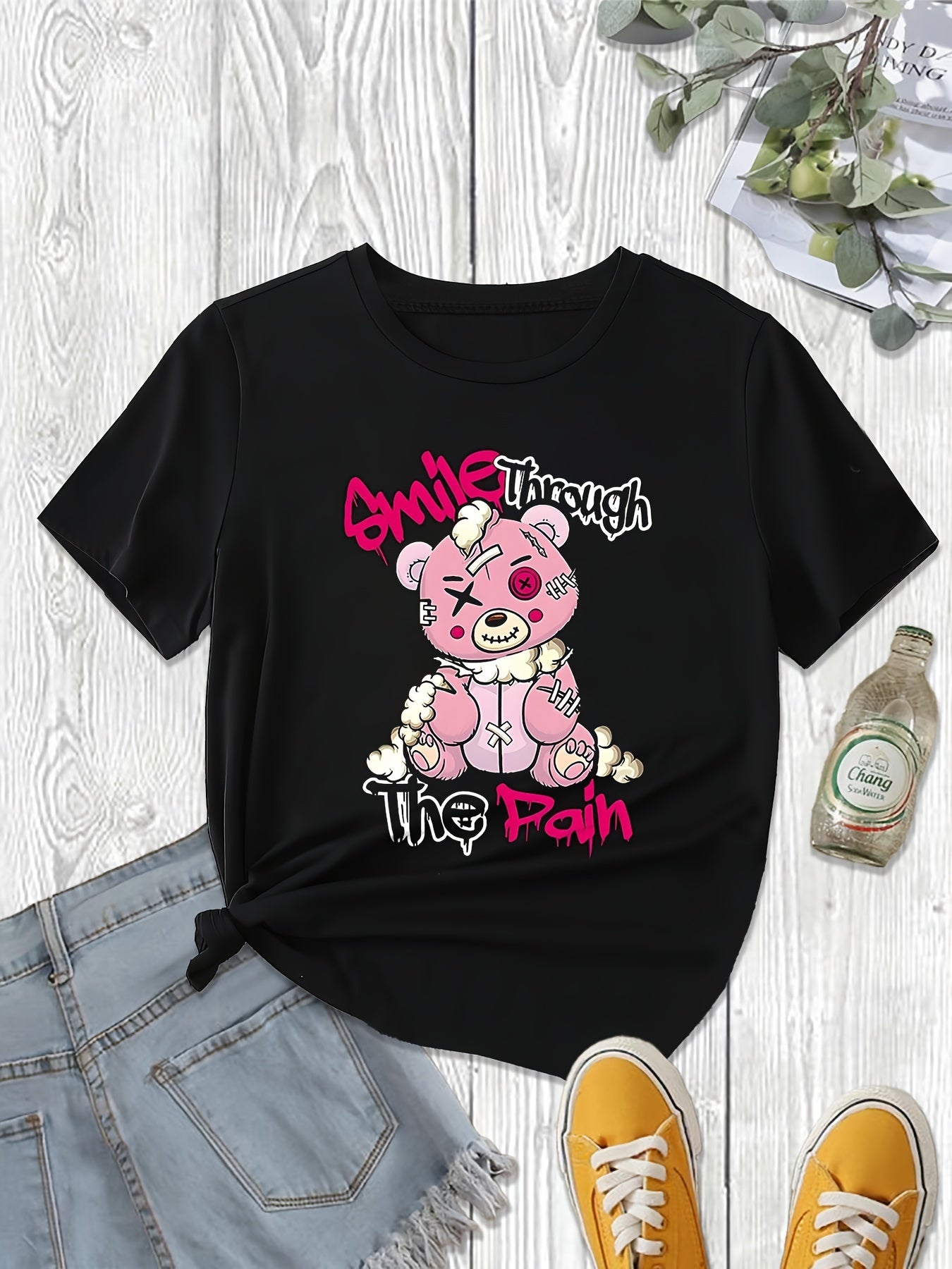 Maglietta donna Valstrend con stampa di lettera e orso, manica corta, casual, ideale per primavera ed estate.