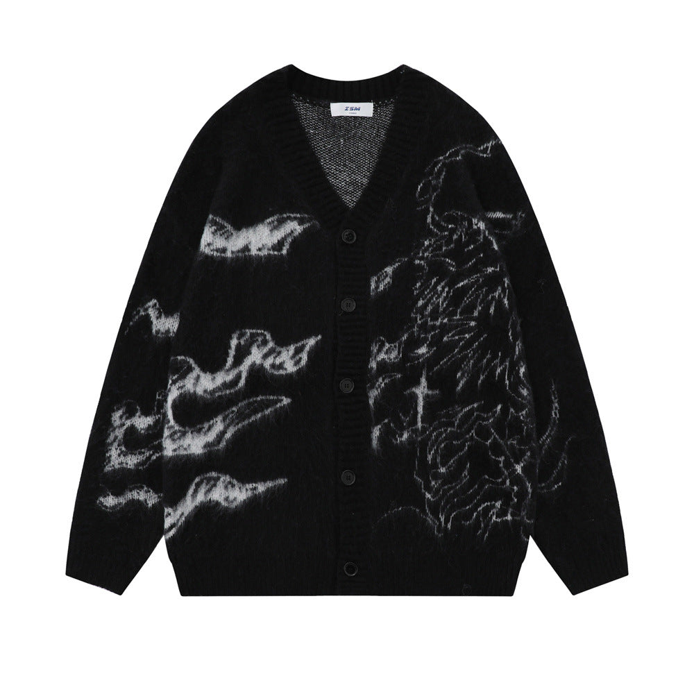 Maglione Valstrend High Street con jacquard astratto, interno in pile, collo a V, tessuto spesso e caldo.