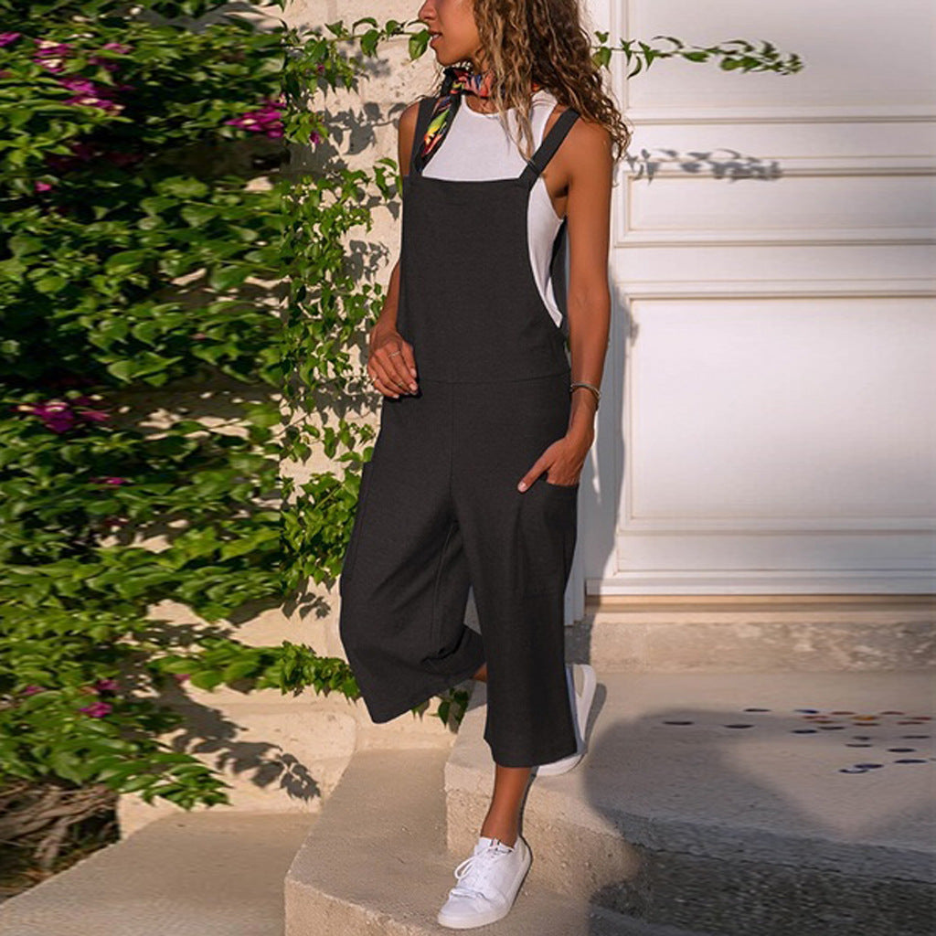 Completo jumpsuit casual in cotone e lino Valstrend, vestibilità larga e lunga, con pantaloni ampi e stile rilassato.