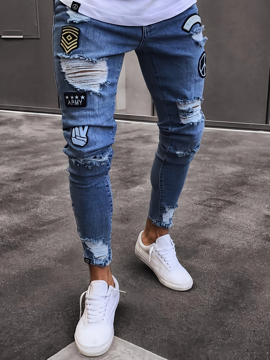 Jeans skinny casual da uomo Valstrend con strappi, patch e ricami, stile street versatile, pantaloni in denim per tutte le stagioni
