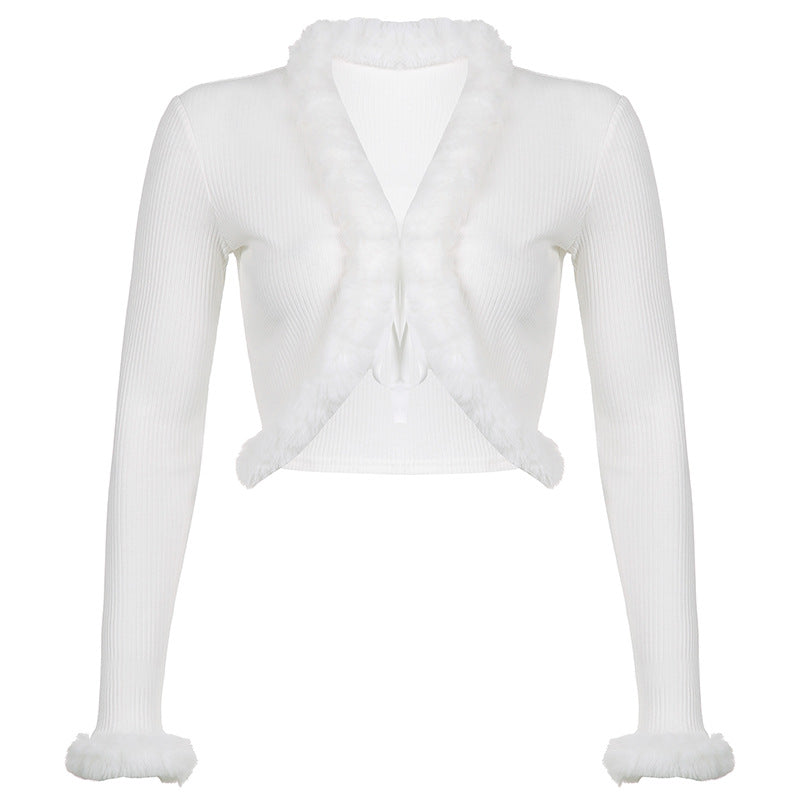 Cardigan corto femminile in pelliccia con collo in pelliccia, stile moda calda e trendy di Valstrend.