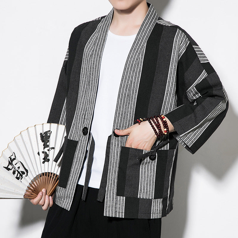 Cardigan estivo da uomo in cotone e lino stile cinese con righe vintage, marca Valstrend.