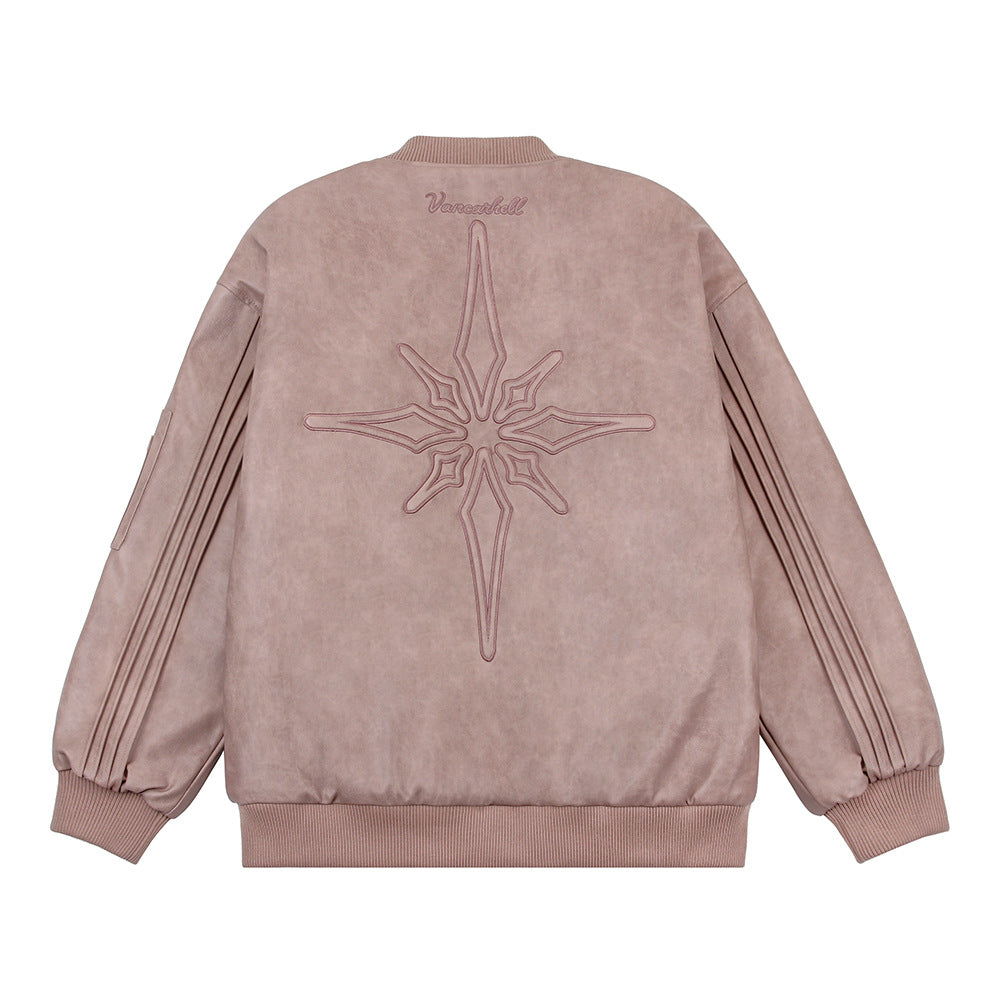 Giacca da uomo in pelle PU ricamata, stile bomber, con dettagli decorativi, marca Valstrend shop.