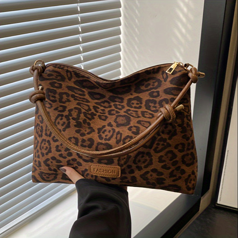 Faux Leather Leopard Print Tote Bag with Wrist Strap, Zipper Closure, Polyester Lining - Trendy Shoulder Handbag for Women