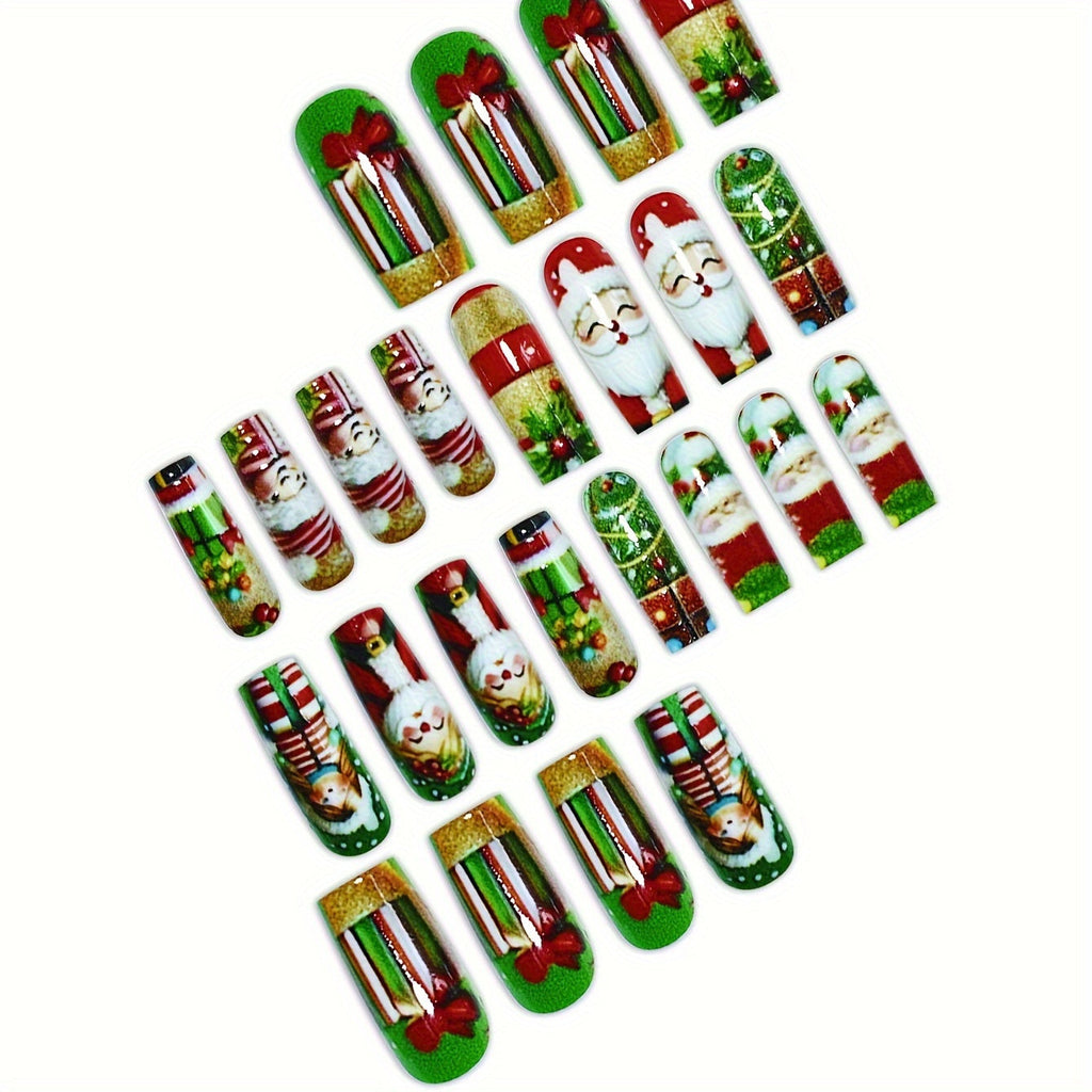 Set di 24 unghie finte natalizie Valstrend con disegni di Babbo Natale e fiocchi di neve, forma quadrata media, finitura lucida.
