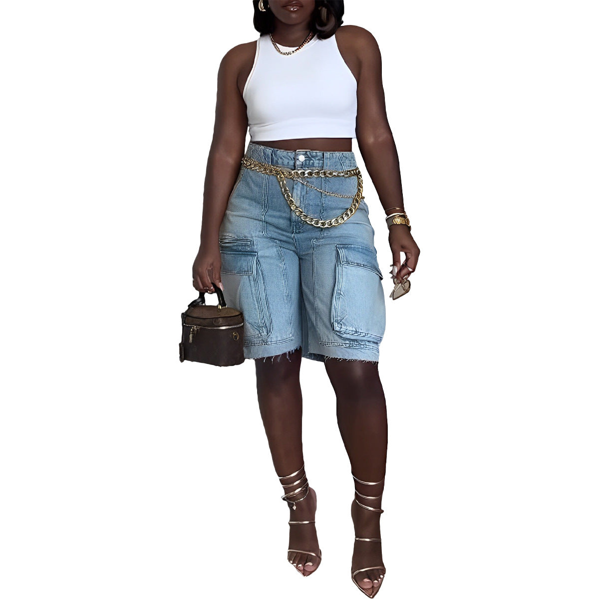 Jeans cargo in denim con buchi e effetto Grass Wash di Valstrend Shop, stile casual con tasche robuste, design trendy e dettagli strappati