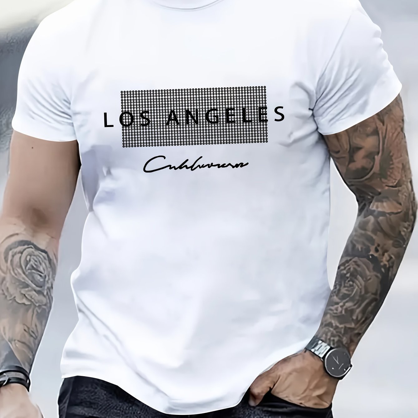 T-shirt casual da uomo Valstrend con stampa Los Angeles, manica corta, ideale per l'estate.