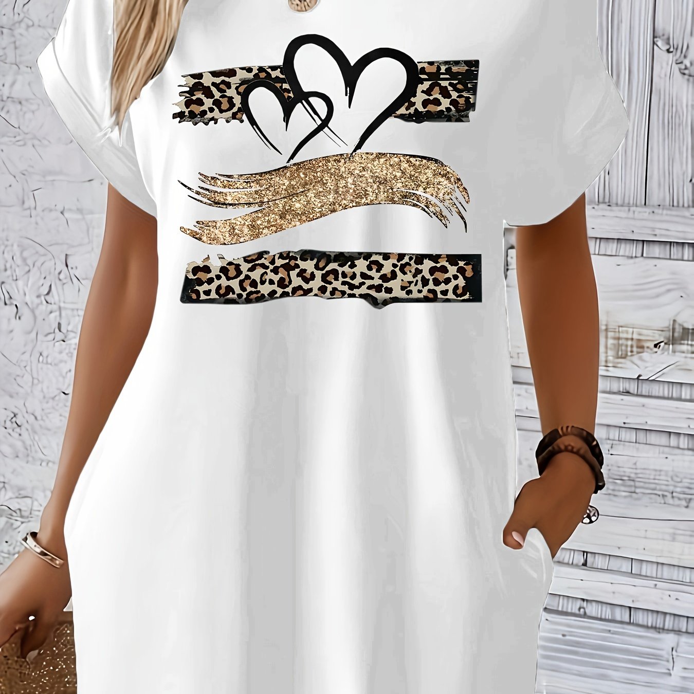 Heart & Leopard Print Dress With Pockets, Short Sleeve Crew Neck Casual Dress For Summer & Spring, Women's Clothing