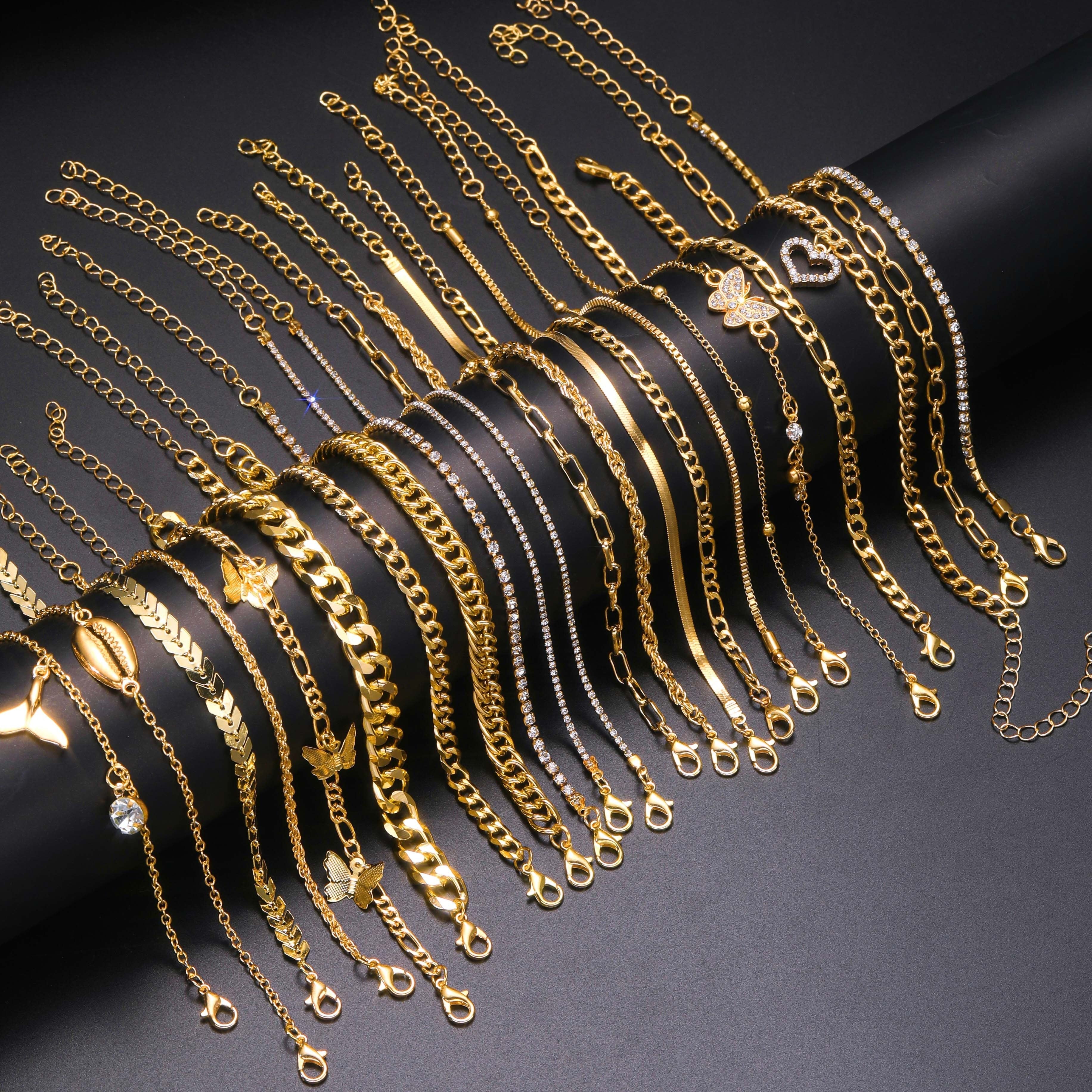17pc Set Elegant Golden Tone Metal Chain Anklets With Butterfly, Hollow Heart & Shell Charms, Vintage Style Gift For Women, Summer Vacation & Daily Wear Accessories