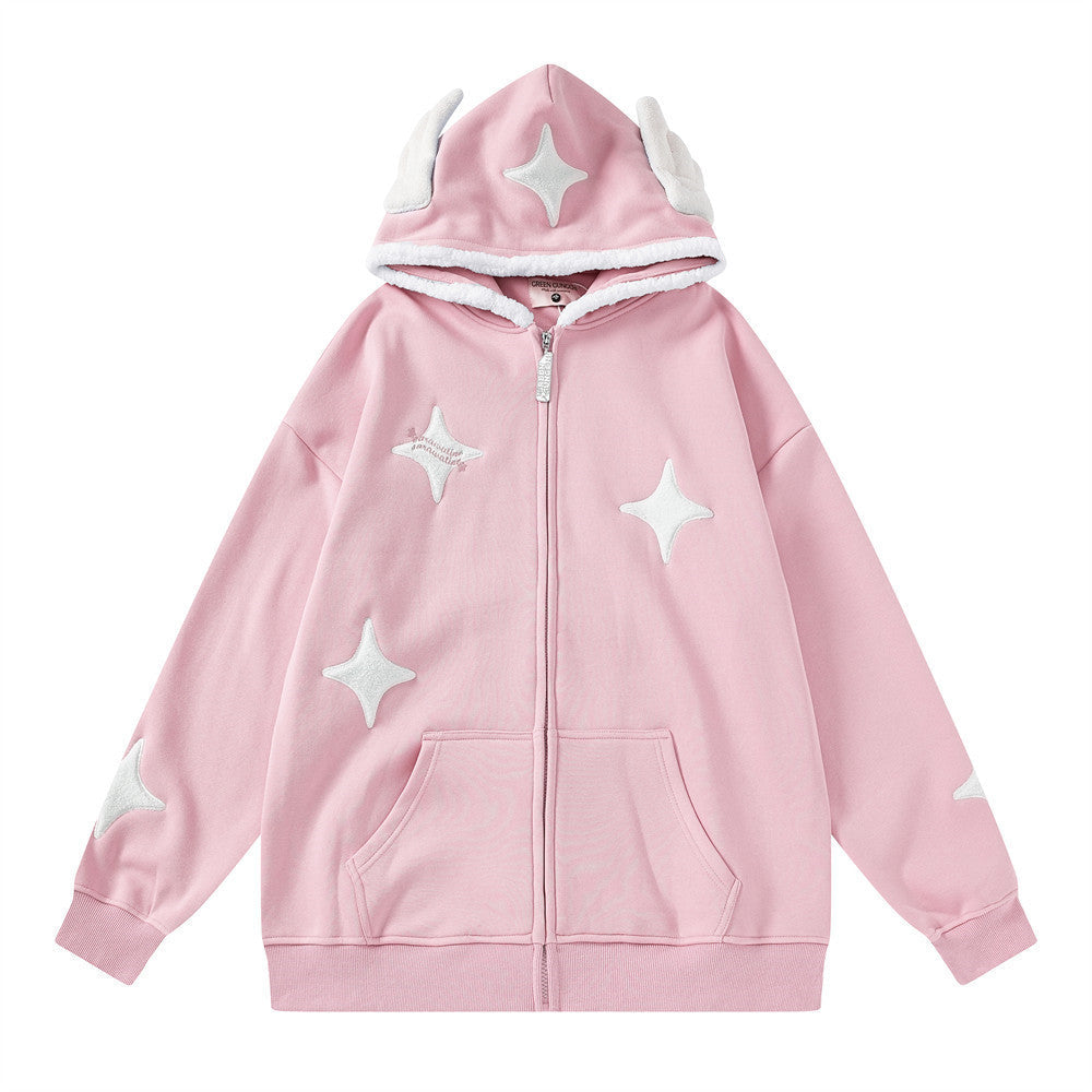 XINGX Wings Cardigan Velvet Padded Hooded Sweatshirt