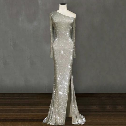 Abito lungo asimmetrico con spallatura singola, paillettes e cristalli, stile Europa e Stati Uniti, marchio Valstrend Shop.