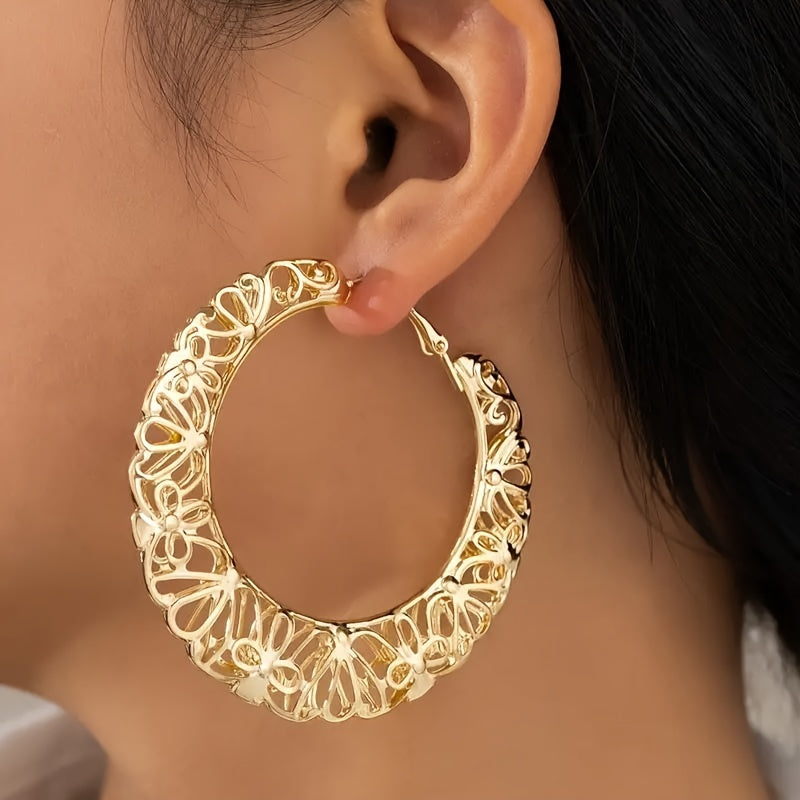 Boho Chic Simple 14K Golden Plated Hollow Filigree Hoop Earrings, Iron Crafted Daily Wear Ear Studs for Women - No Stone Detail, Versatile for All Seasons