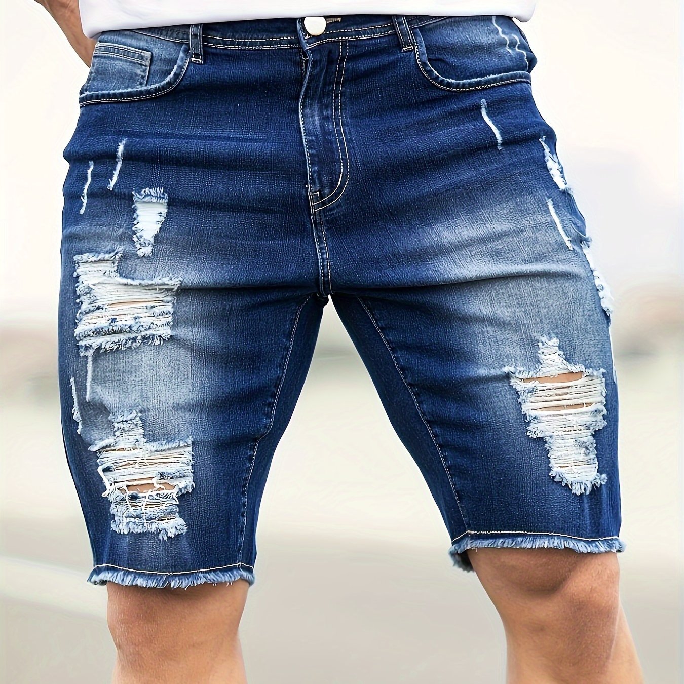 Shorts da uomo Valstrend in jeans strappati e slim fit, perfetti per l'estate, stile casual e alla moda.