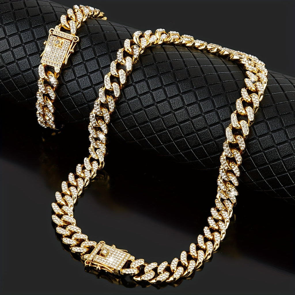 Set di gioielli hip hop con collana e bracciale in stile cubano con cristalli lucenti, disponibile in argento o oro, per outfit quotidiani.