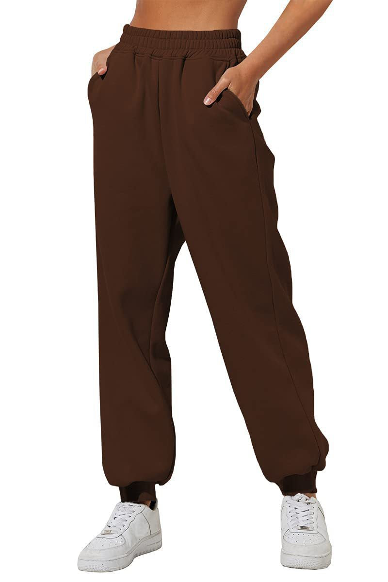 Pantaloni jogger da donna a vita alta, comodi e larghi, con tasche e cinturino, in tessuto morbido, marca Valstrend.
