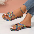 Sandali donna Valstrend con stampa geometrica bohémien, tessuto leggero, suola antiscivolo, cinturini vivaci e design aperto estivo.
