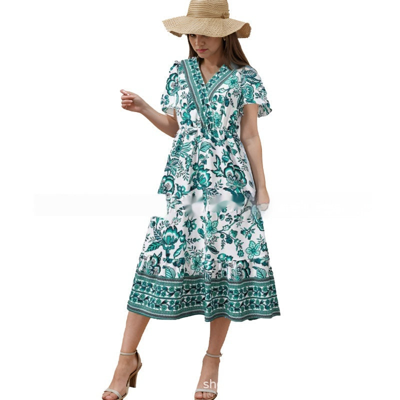 Vestito bohemien Valstrend con stampa floreale, maniche corte e gonna midi per vacanze e relax, stile casual e vintage.