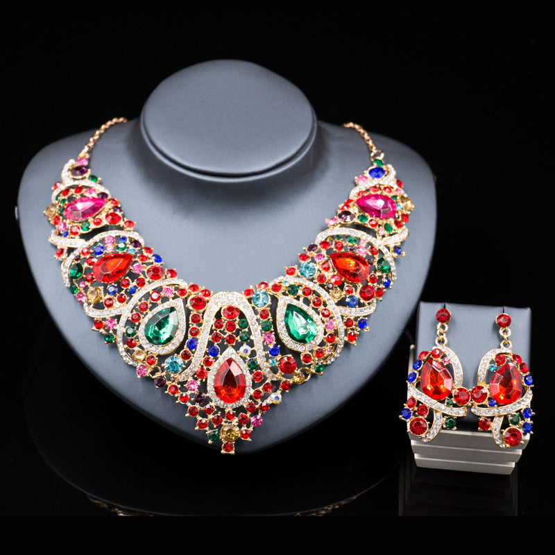 Set di collana e orecchini da sposa colorati e esagerati, in lega placcata, ispirato a esplosioni di moda in Medio Oriente, Europa e America